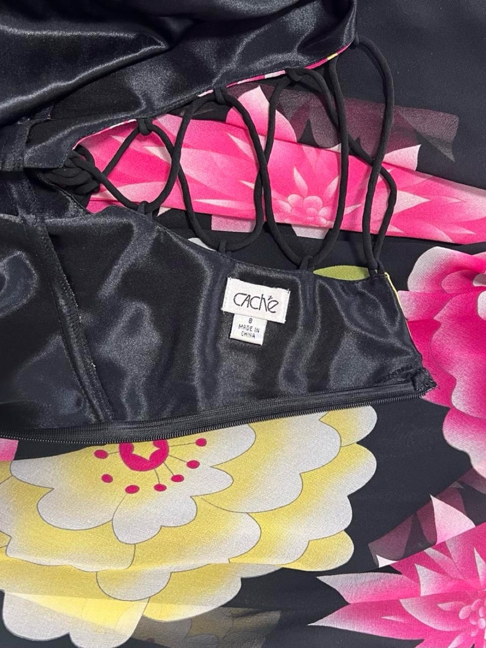 Floral Halter Backless Midi Dress Caché - Black with Pink & Yellow Blooms - Picture 2 of 7